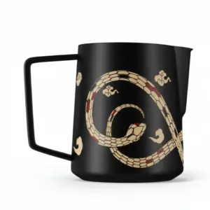 Stainless steel milk frothing pitcher on white background