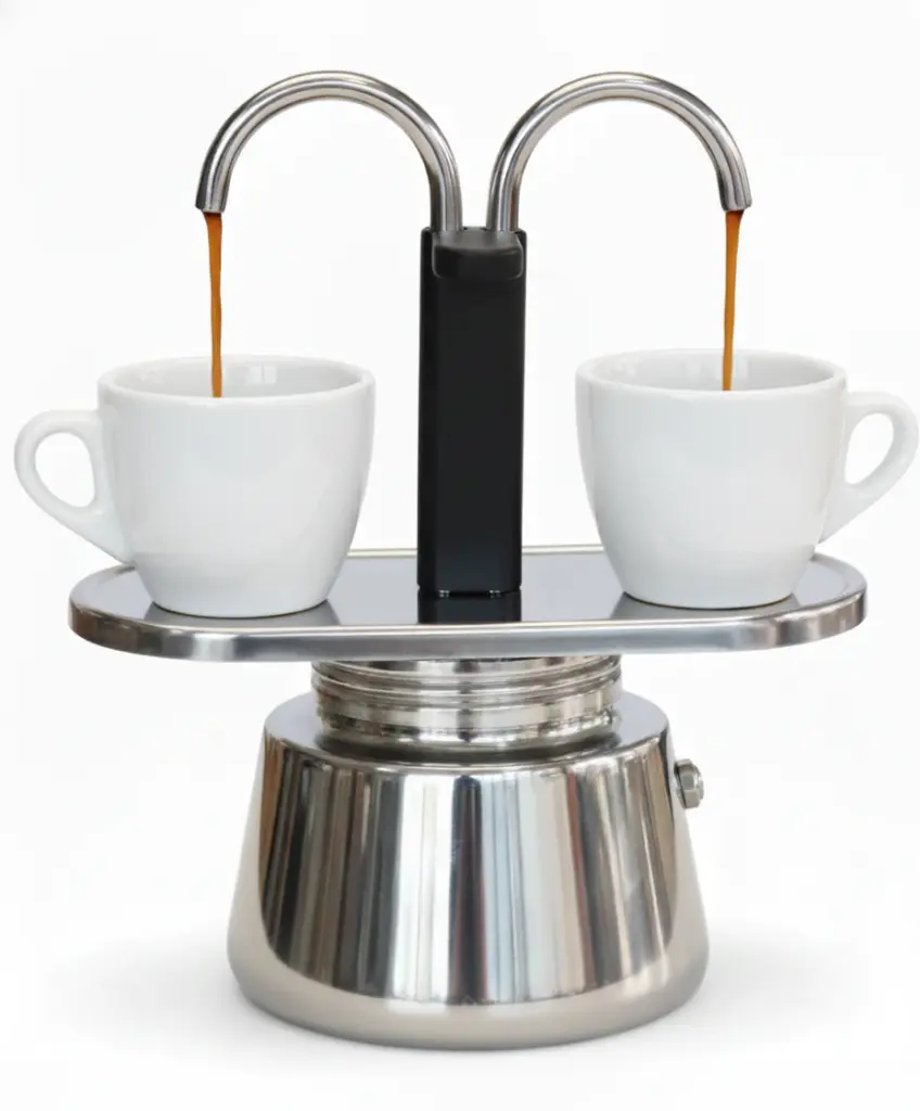 Two modern ceramic cups with freshly brewed coffee beside Brew Grind Supply Co. manual grinder