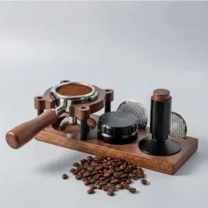 Close-up of Brew Grind wooden espresso tamping station with metal portafilter holder