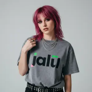 Close-up of female model wearing Jalil oversized vintage t-shirt