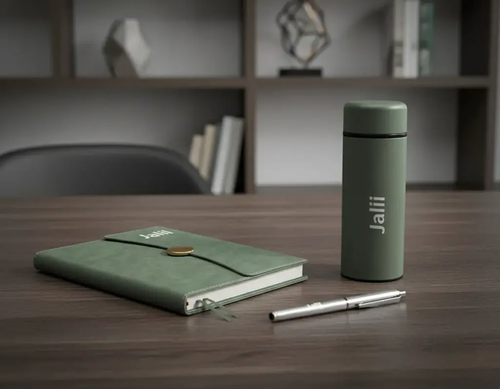 Green Jalil 3-piece stationery set arranged on desk