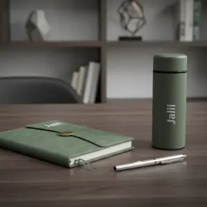 Green Jalil 3-piece stationery set arranged on desk