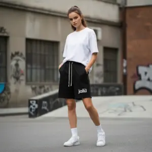 Woman wearing Jalil unisex shorts with relaxed fit