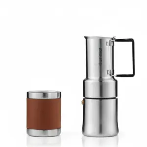 350ml stainless steel moka pot with integrated cup on white studio background